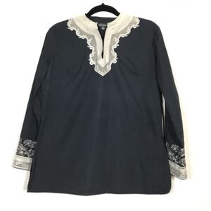 SOHO Compagnie Black‎ Boho Bohemian Hippie Floral Embroidered Cotton Blouse M